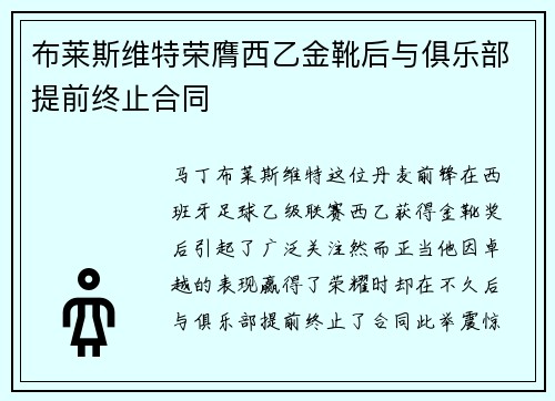 布莱斯维特荣膺西乙金靴后与俱乐部提前终止合同