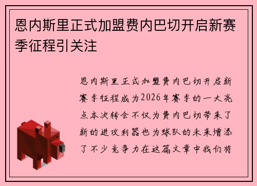 恩内斯里正式加盟费内巴切开启新赛季征程引关注